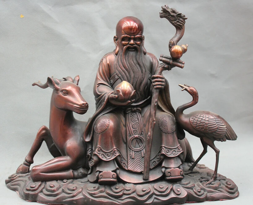 

FREE SHIPPING S2016 15" Chinese Fengshui Bronze god of longevity Ride Deer Peach crane Gourd Statue
