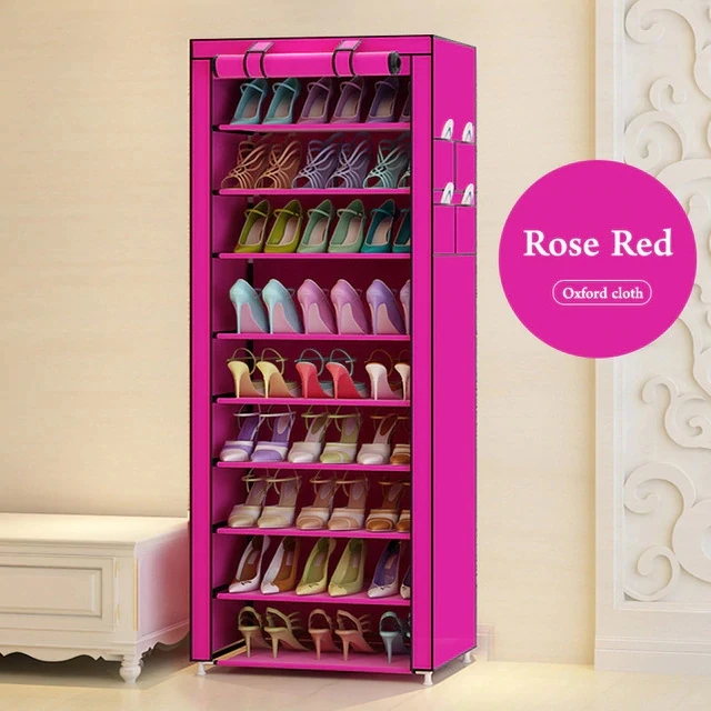 Rose Red 10 ярусов простой обувной стеллаж для хранения обуви Пылезащитная Ткань Оксфорд сборка Полка Шкаф Экономия пространства обуви Органайзер для двери - Цвет: Rose Red