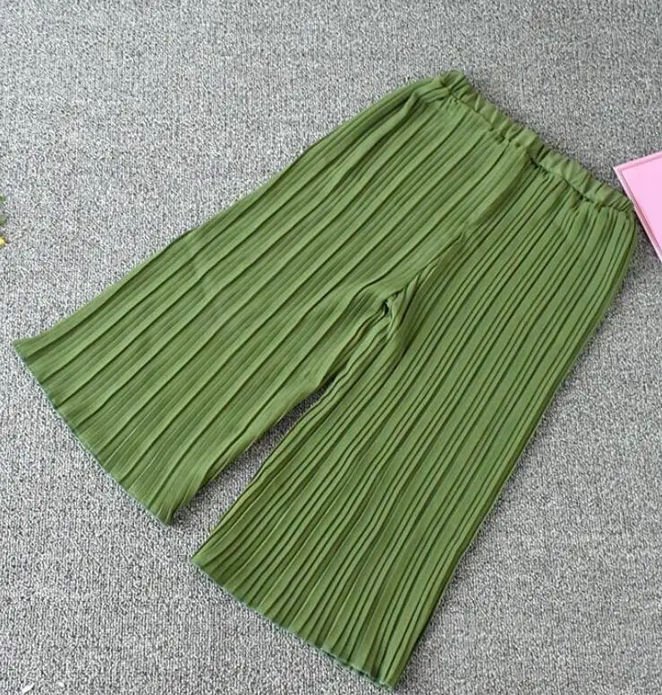 green toddler pants Летние Детские Свободные плиссированные штаны для школьниц однотонная одежда для малышей и подростков детские штаны для детей 6, 8, 10, 12 лет - Цвет: green toddler pants