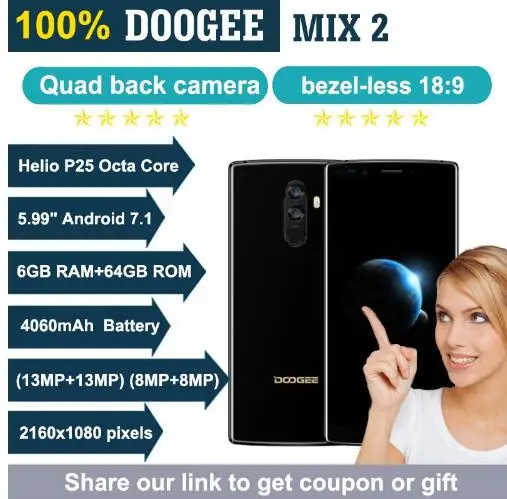 DOOGEE Mix 2 4 аппарат не привязан к оператору сотовой связи 4060 мАч 6 ГБ + 64 Гб 5 99 &quotFHD 18:9