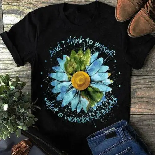 Мужская футболка с принтом подсолнечника черная хлопковая надписью What A Wonderful World