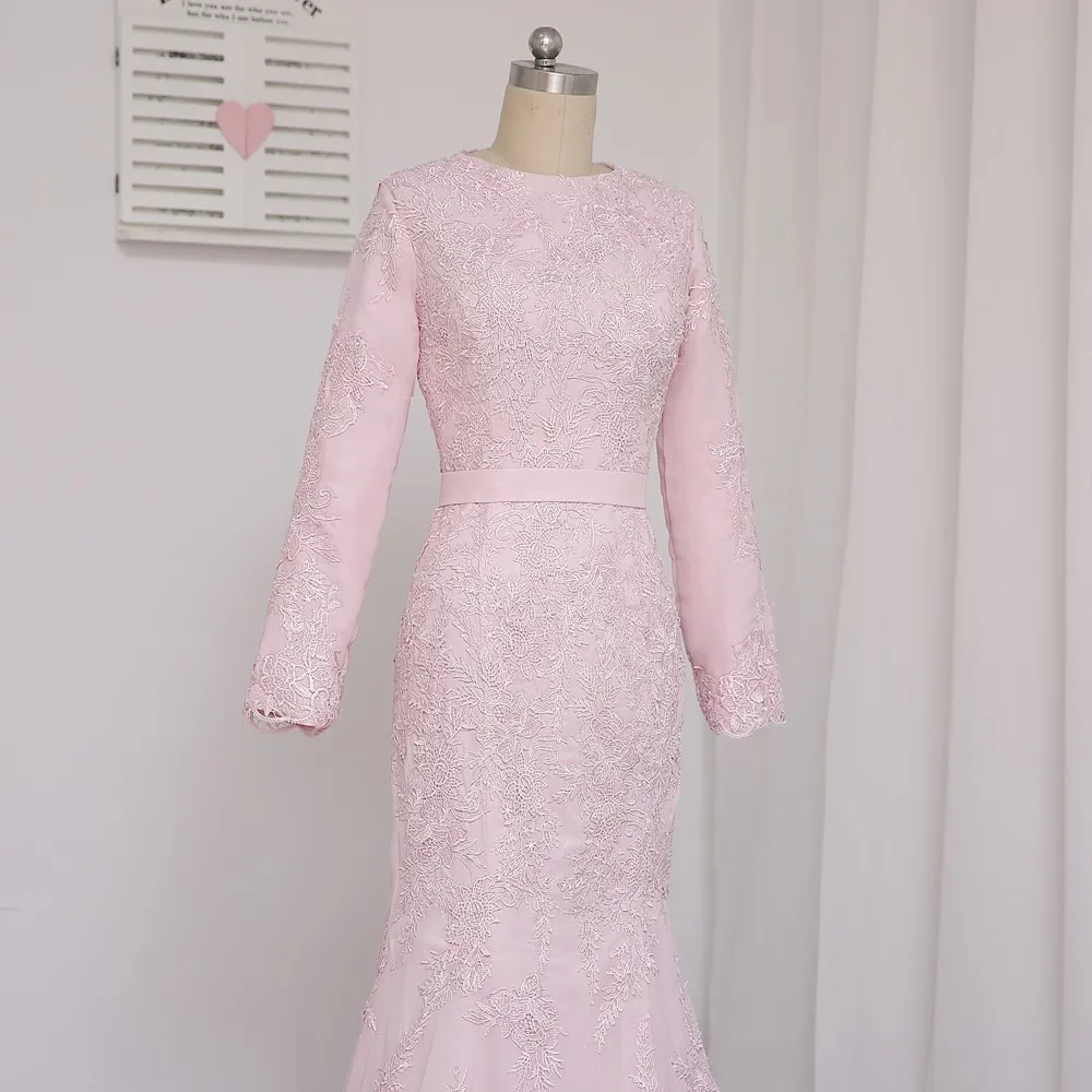 

New Pink Muslim Evening Dresses Mermaid Long Sleeves Appliques Lace Elegant Long Evening Gown Prom Dress Prom Gown