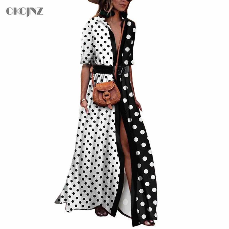 Женское офисное платье рубашка в горошек с отложным воротником повседневное