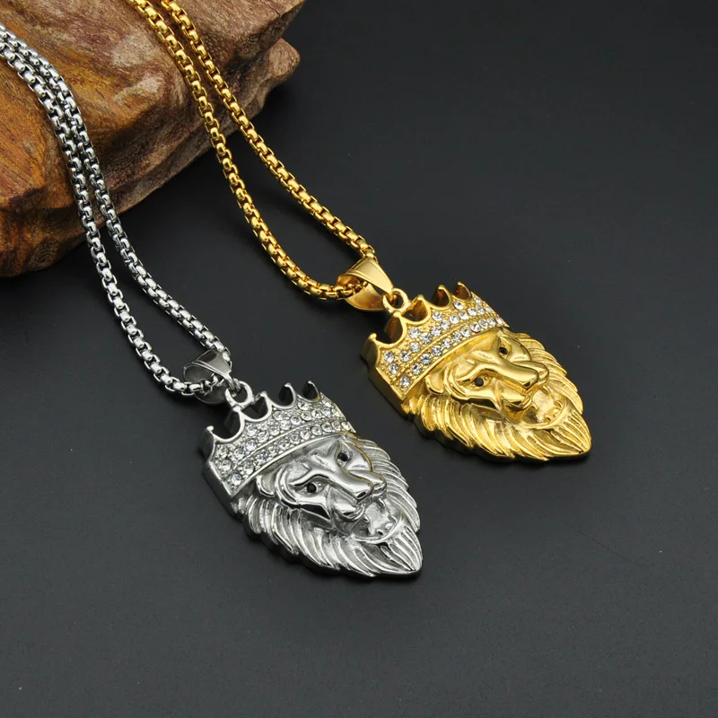 Хип-хоп Полный Стразы Золото Цвет Титан Нержавеющая сталь Iced Out Bling Подвески в виде головы льва ожерелья для мужчин ювелирные изделия