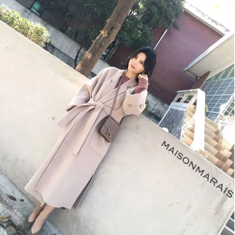 beige Шерстяное пальто женское длинное пальто Осень Зима Новое корейское модное одноцветное свободное шерстяное пальто большого размера с поясом LQ513 - Цвет: beige