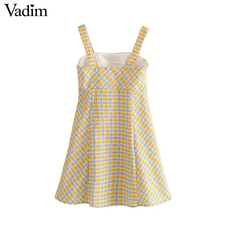 Vadim милый Женский клетчатое платье мини на бретельках без рукавов с боковой