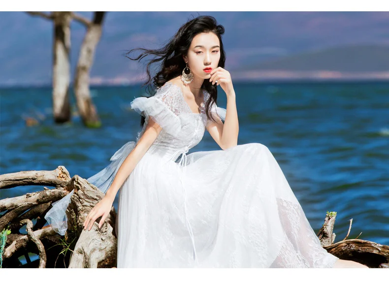 women fashion designer summer elegant slim bodycon sexy formal party beach runway long maxi lace white mesh dress