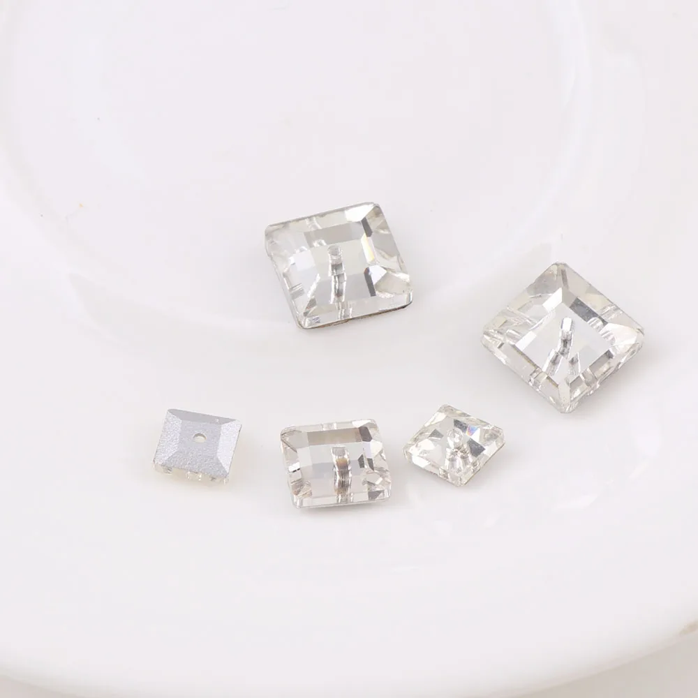 50Pcs Square Flatback Sew On Stone Crystal Clear With Middle One Hole 6 8 10mm Sewing Glass DIY Wedding Dress | Дом и сад