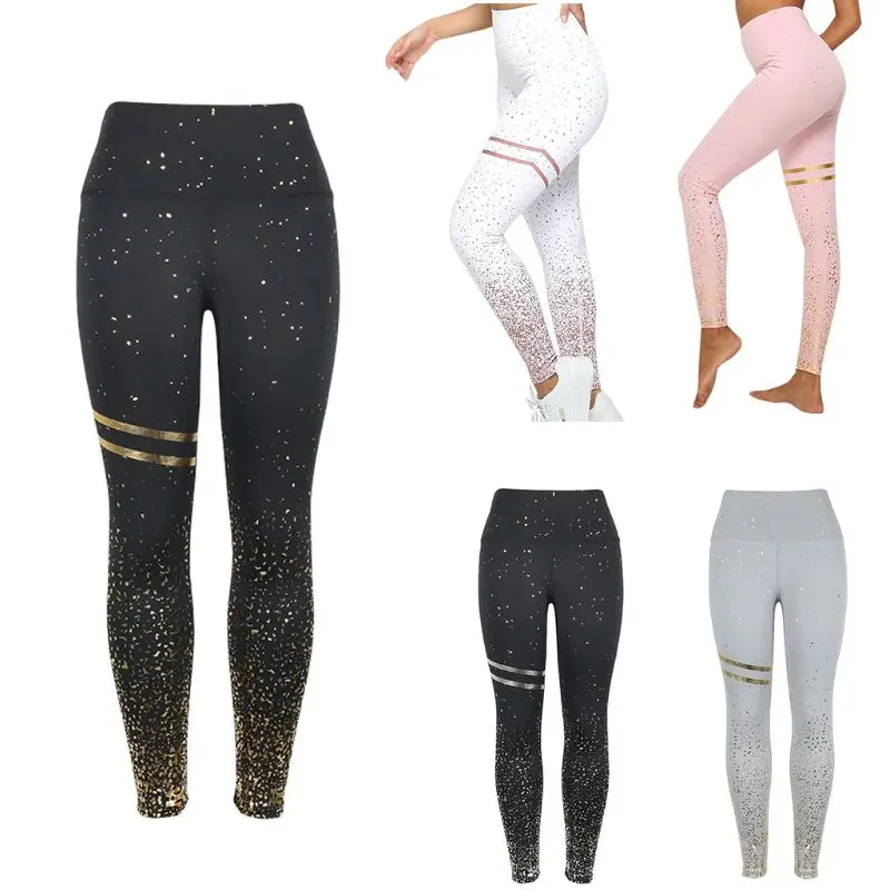 

Women High Waist Leggings Hot Stamping Gold Glitter Workout Butt Lift Trouser Athletic Fitness Sport Dotted Slim Long Pants