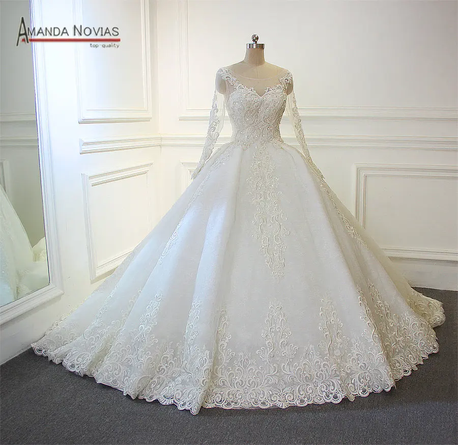 Robe de mariee кружевная Апликация Замочная скважина сзади длинный рукав полное свадебное платье с жемчугом роскошь