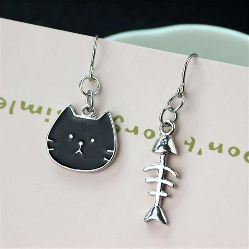 Новые милые асимметричные серьги рыбки с котом Kawaii Kitten Fishbone висячие для женщин