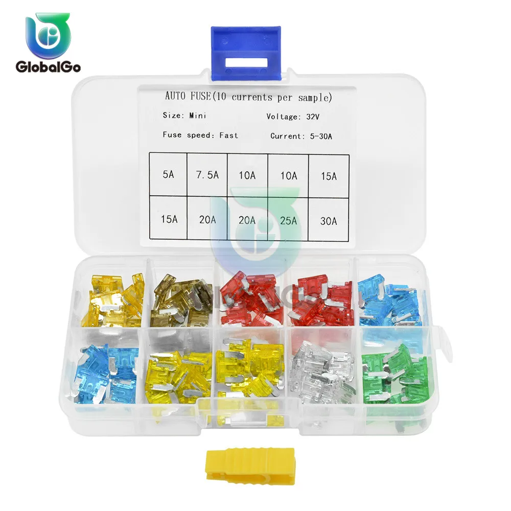 100 шт./лот мини плавкие предохранители Авто комплект предохранителей 5A 10A 15A 20A 25A 30A
