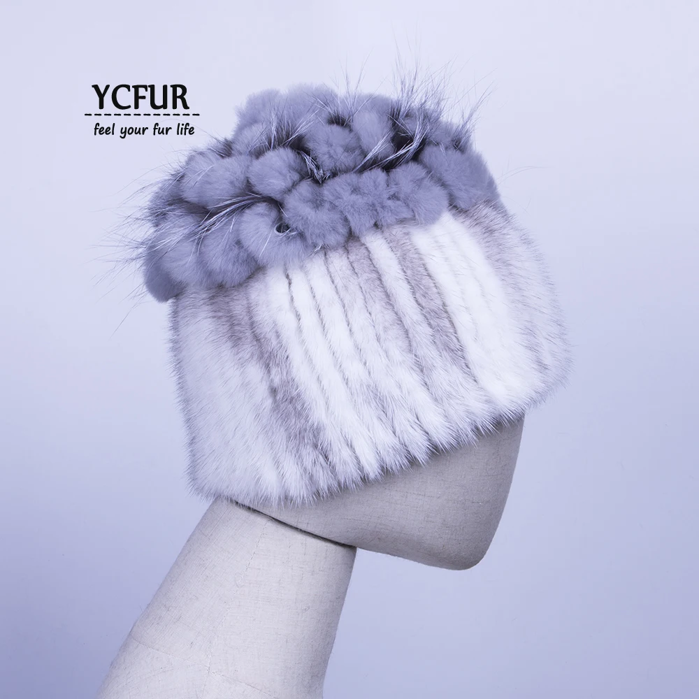 

YCFUR Winter Hats Caps for Women Sew Strips Genuine Mink Fur Hats Beanies Rex Rabbit Fur Top Warm Hat Cap Ladies