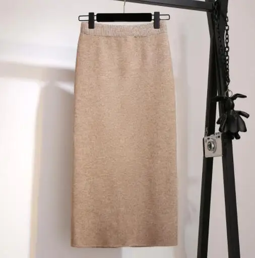 80cm khaki SEDUTMO, зимние юбки-карандаш, Женская Толстая юбка с высокой талией, трикотажная миди плиссированная Повседневная Осенняя черная винтажная сексуальная юбка ED530 - Цвет: 80cm khaki
