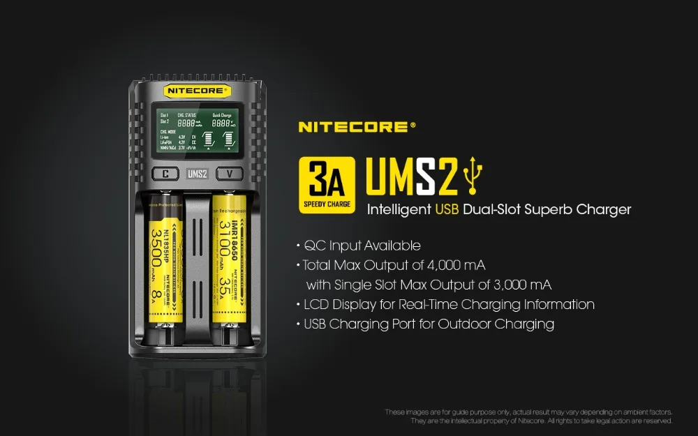 NITECORE UMS2 интеллигентая(ый) 2-образными пазами КК Быстрая зарядка зарядный ток никель-металл-совместим со многими устройствами USB Зарядное устройство