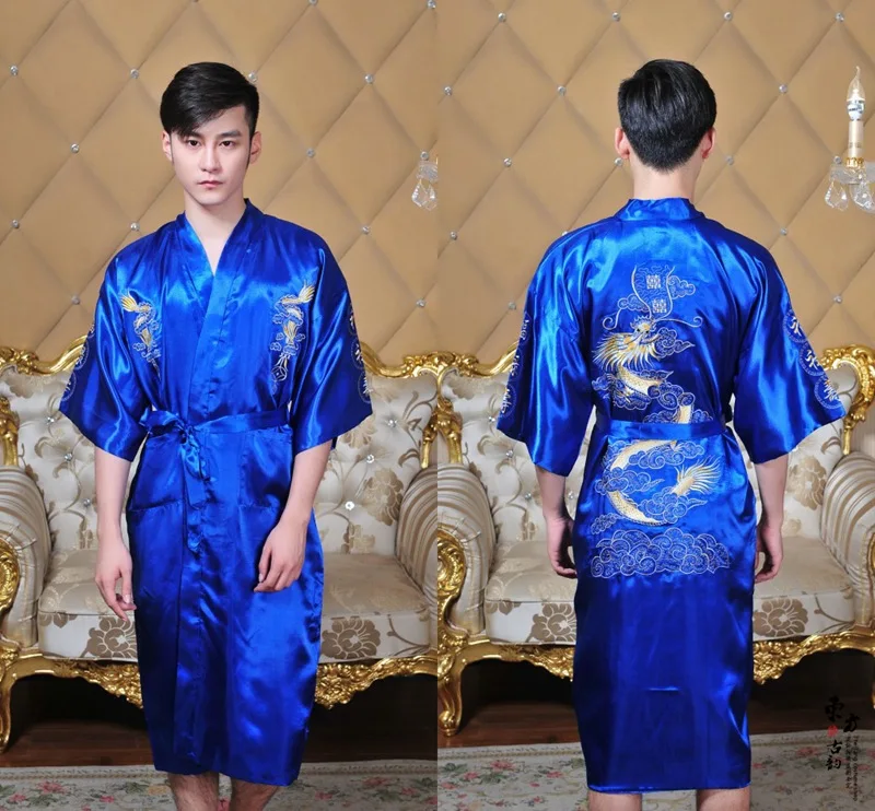 Банный халат Для женщин Китайский Стиль Атласный вышивка дракон Gown Robe женские