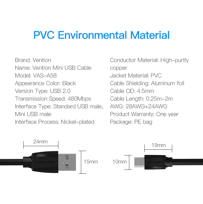 Vention Mini USB кабель Mini USB к USB кабель передачи данных для быстрой зарядки для сотового телефона цифровой камеры HDD MP3 MP4 плеер планшеты gps
