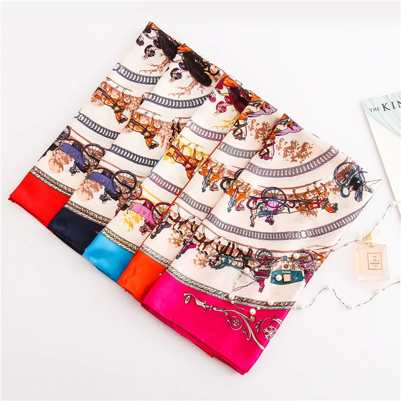 

2020 Designer Horse Print Silk Scarf for Women Foulard Hijab Female Square Bandana Neck Head Scarves Kerchief