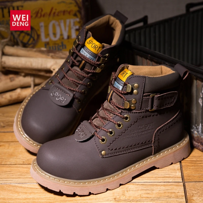 WeiDeng/большие Size35-46; мужские рабочие кожаные зимние ботинки; женские уличные водонепроницаемые классические теплые зимние ботинки на меху; высококачественные ботильоны
