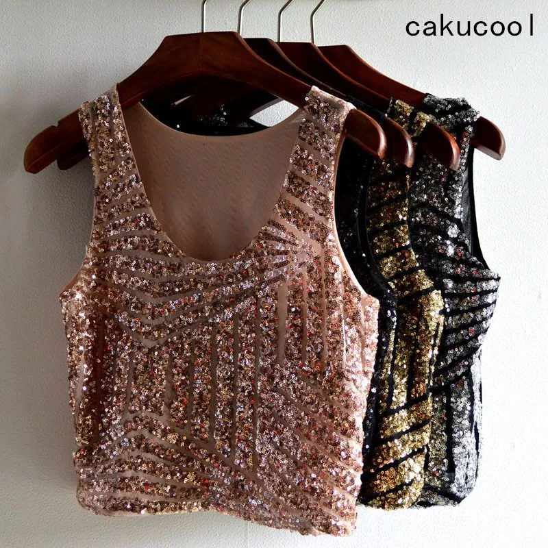 Короткий топ Cakucool расшитый блестками с о-вырезом сетчатая блузка без рукавов в