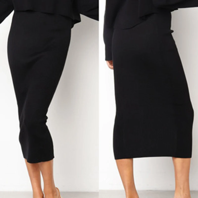 

Women Knitted Long Skirt Fashion Sexy Black White High Waist Pencil Skirts Autumn Bodycon Package Hip Female Elastic Skirts