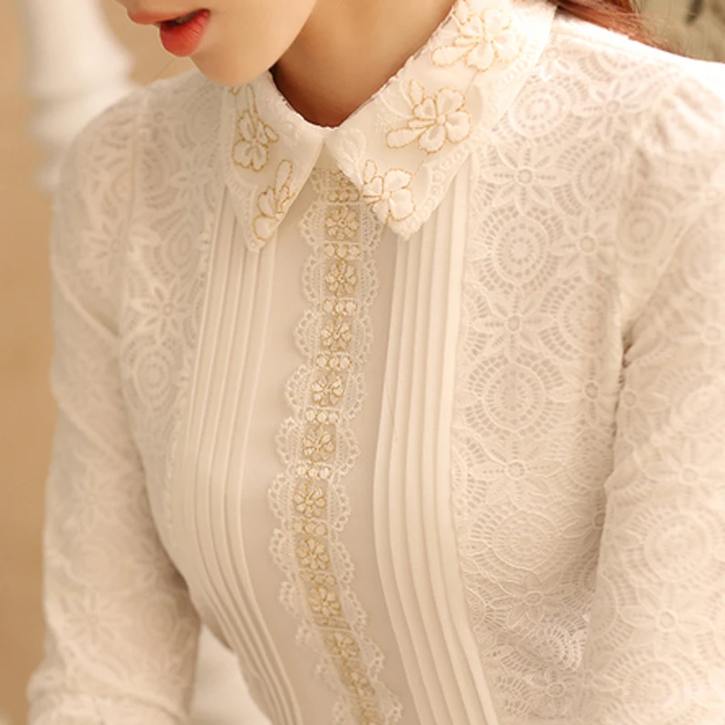 2020 Autumn Winter Women Lace Embroidery Blouse Feminine Peter pan Collar Printed Patch Top Shirt Plus Size XXXL french toast big girls ls peter pan blouse with lace trim collar