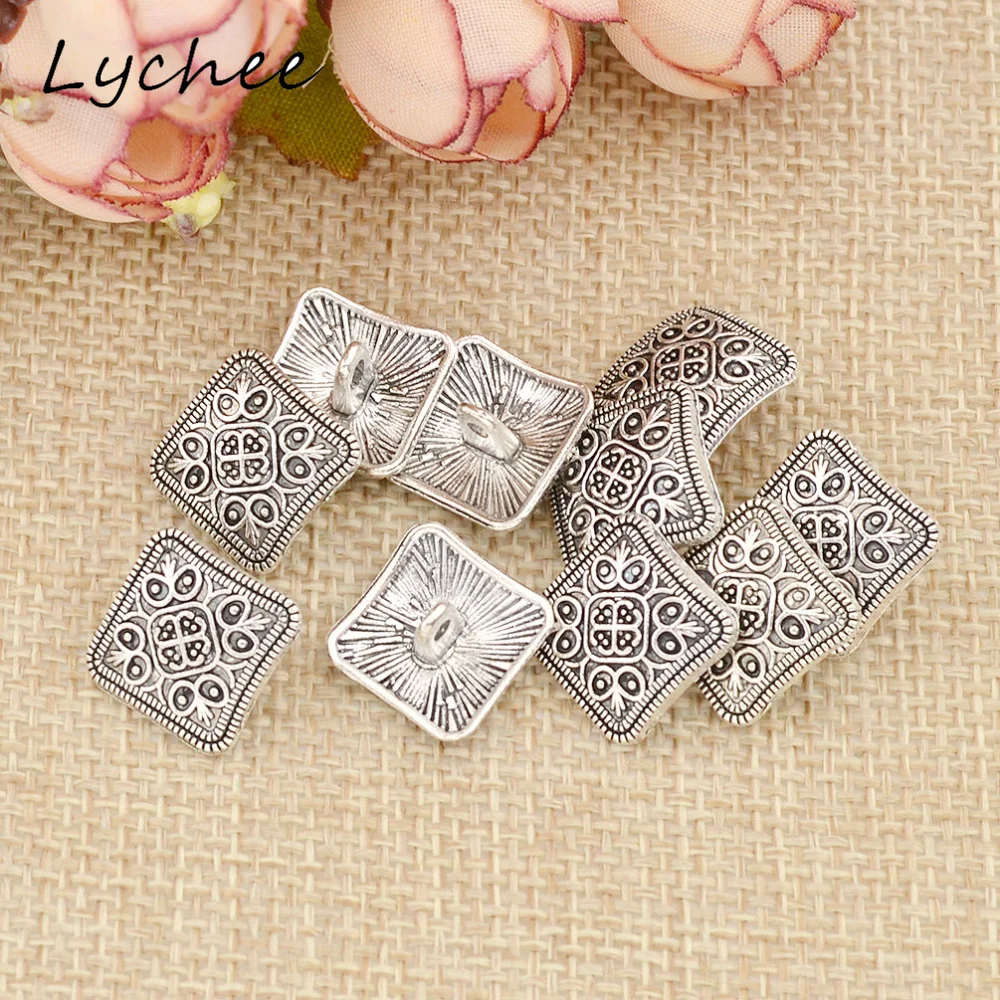 Lychee 10pcs Geometric Square Antique Silver Flower Metal Shank Button For Clothes Jeans Sewing DIY Decorative Crafts | Дом и сад