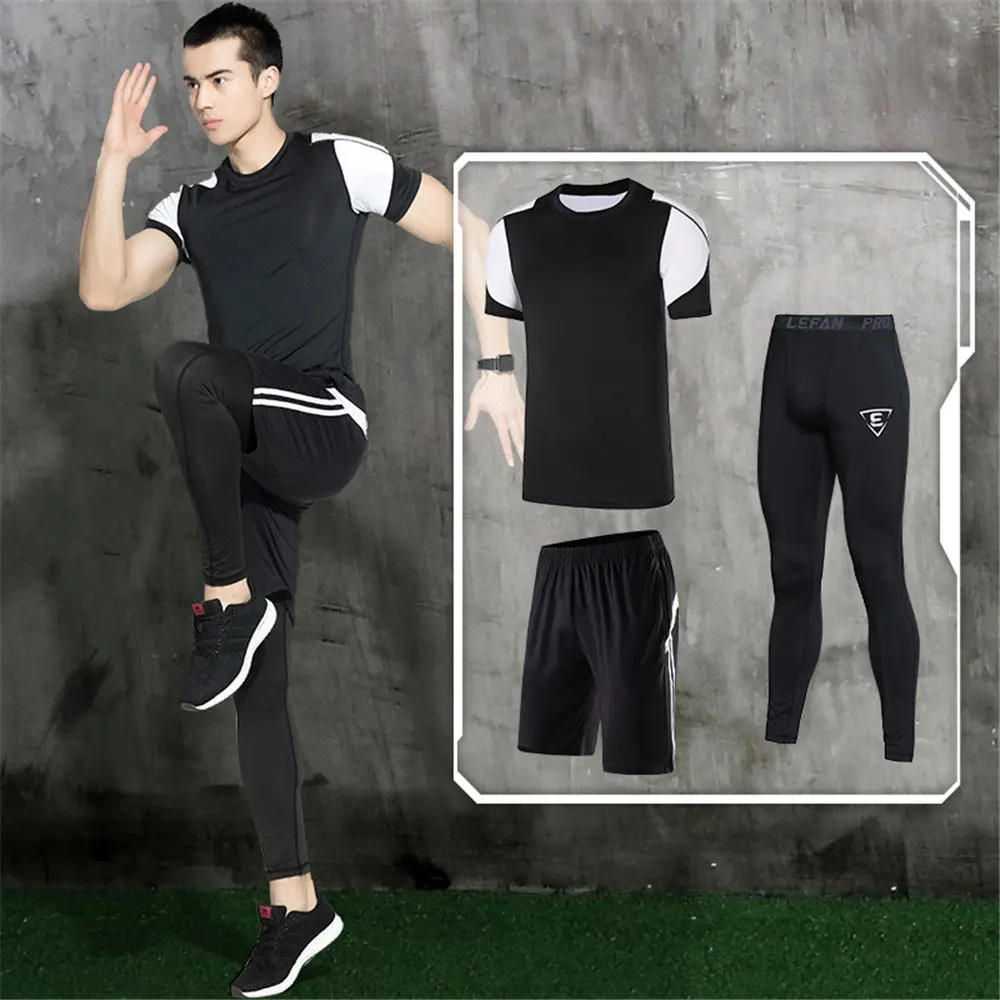 3 Piece Set 1 Новинка 2/3 шт. комплект спортивной одежды с коротким рукавом быстросохнущие компрессионные колготки Баскетбол Бег Фитнес Спортивная одежда для мужчин черный - Color: 3 Piece Set 1