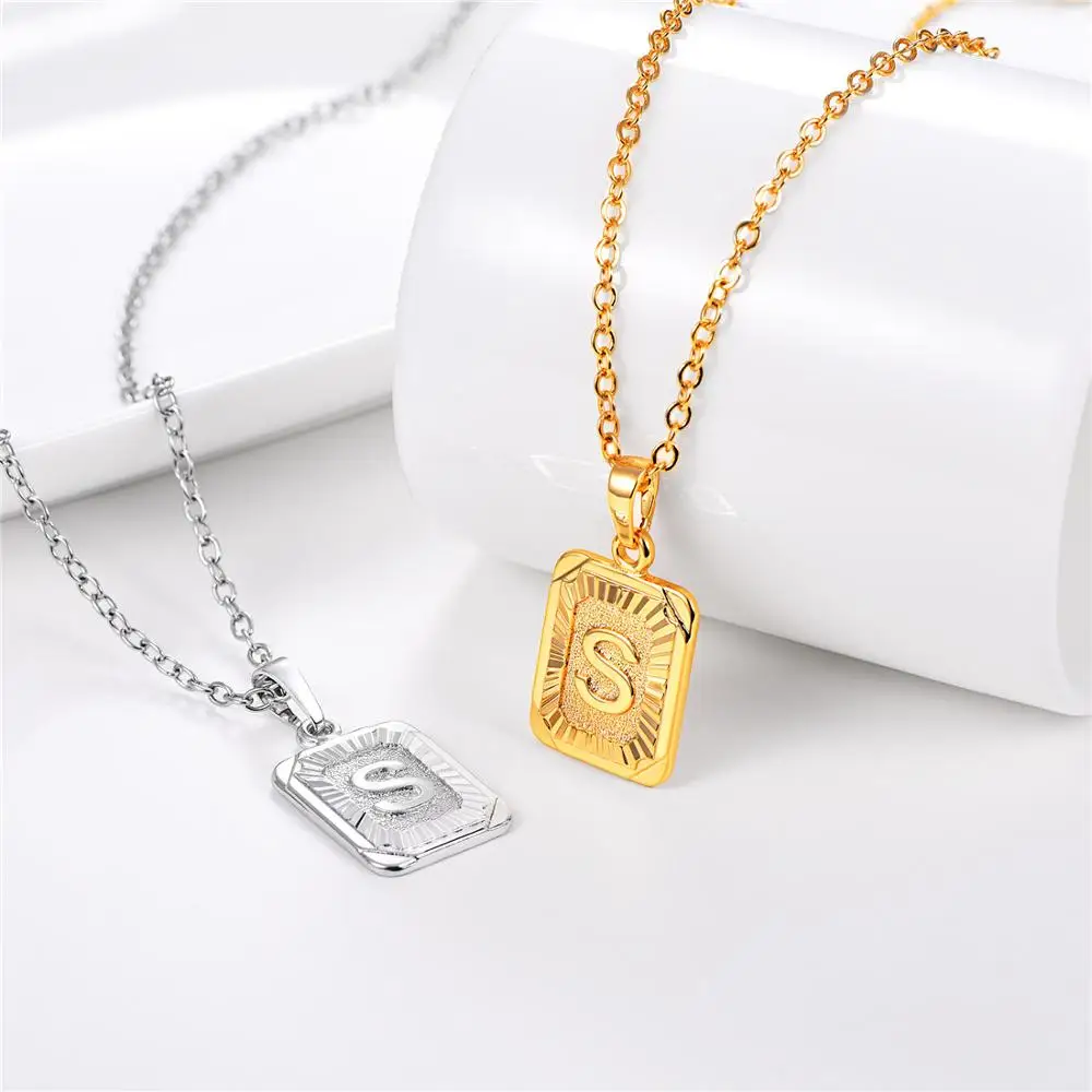 U7 Square Letters Necklaces Pendant Chain Necklace for Women Men English Initial Name Alphabet Jewelry Best Birthday Gifts P1196 - Окраска металла: S