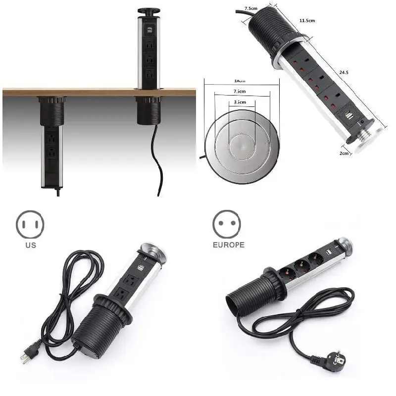 Вытягивающаяся Выдвижная электрическая розетка с 3 розетками 2 USB кухонная
