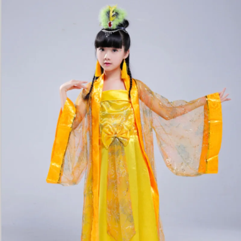 Детская одежда желтая Hanfu сказочный костюм для выступлений девочек костюмы