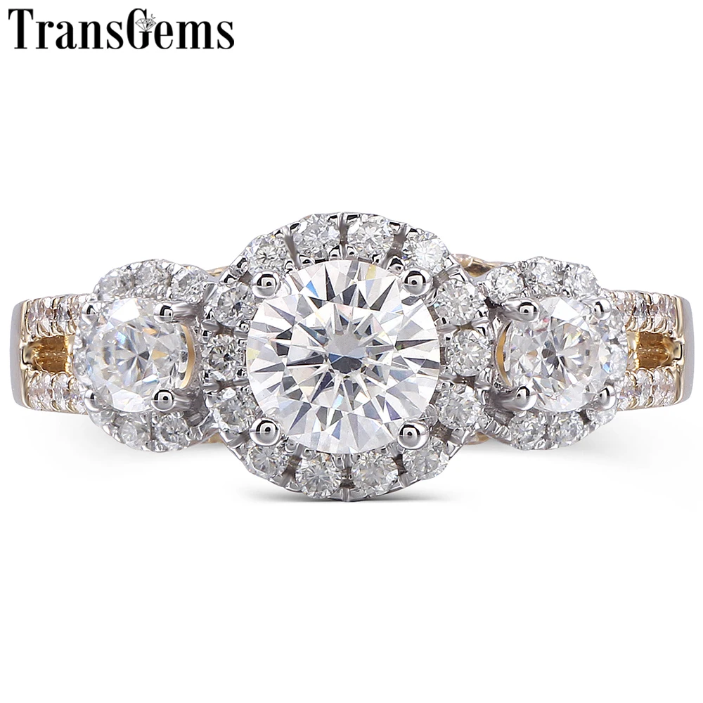 TransGems 14 к белого и желтого золота Halo Три Камень Центр 0.5ct 5 мм сбоку 3 F цвет Муассанит обручение кольцо для женщин