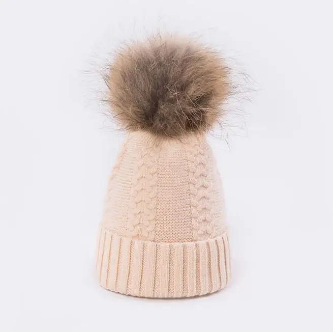 Beige COKK, зимняя шапка, женская вязаная шапка, шапки для женщин и девочек, натуральный мех енота, помпон, шапка с помпоном, помпонами, шапочки Skullies - Цвет: Beige