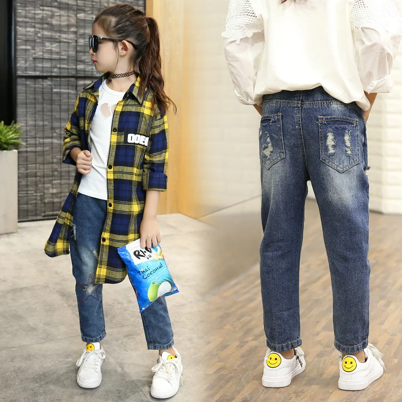Осенние джинсы для девочек Новинка модные детские штаны в Корейском стиле со