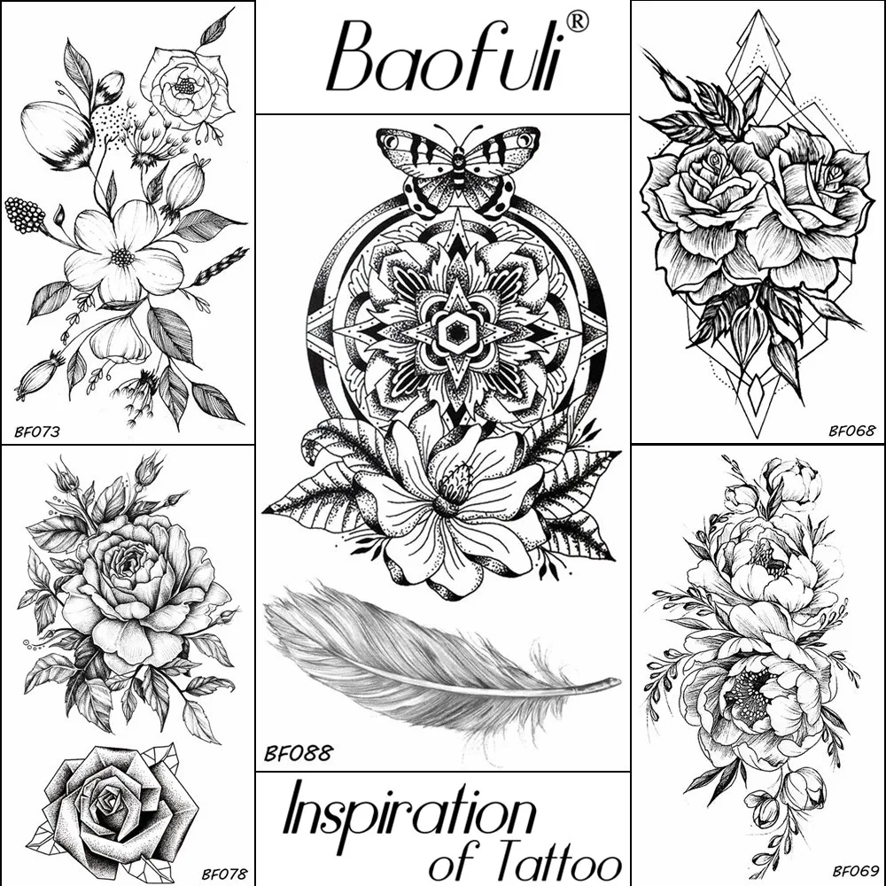 Baofuli Sexy Feather Black Rose Tattoo Fake Flower Butterfly Temporary Tattoos Sticker  Sketch Floral Body Art Tatoo Women Leave