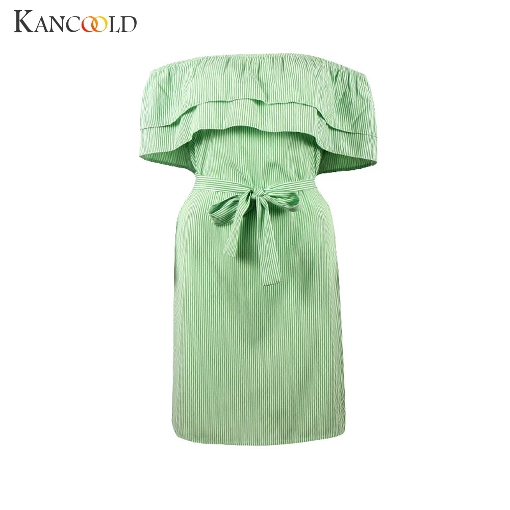 KANCOOLD Dress Women Summer Striped Off The Shoulder Ruffle With Belt Petal Sleeve fashion Mini new women 2019JAN25 | Женская одежда