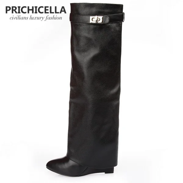 

PRICHICELLA genuine leather pointed toe buckle strap lock wedge gladiator knee high tall boots size34-42