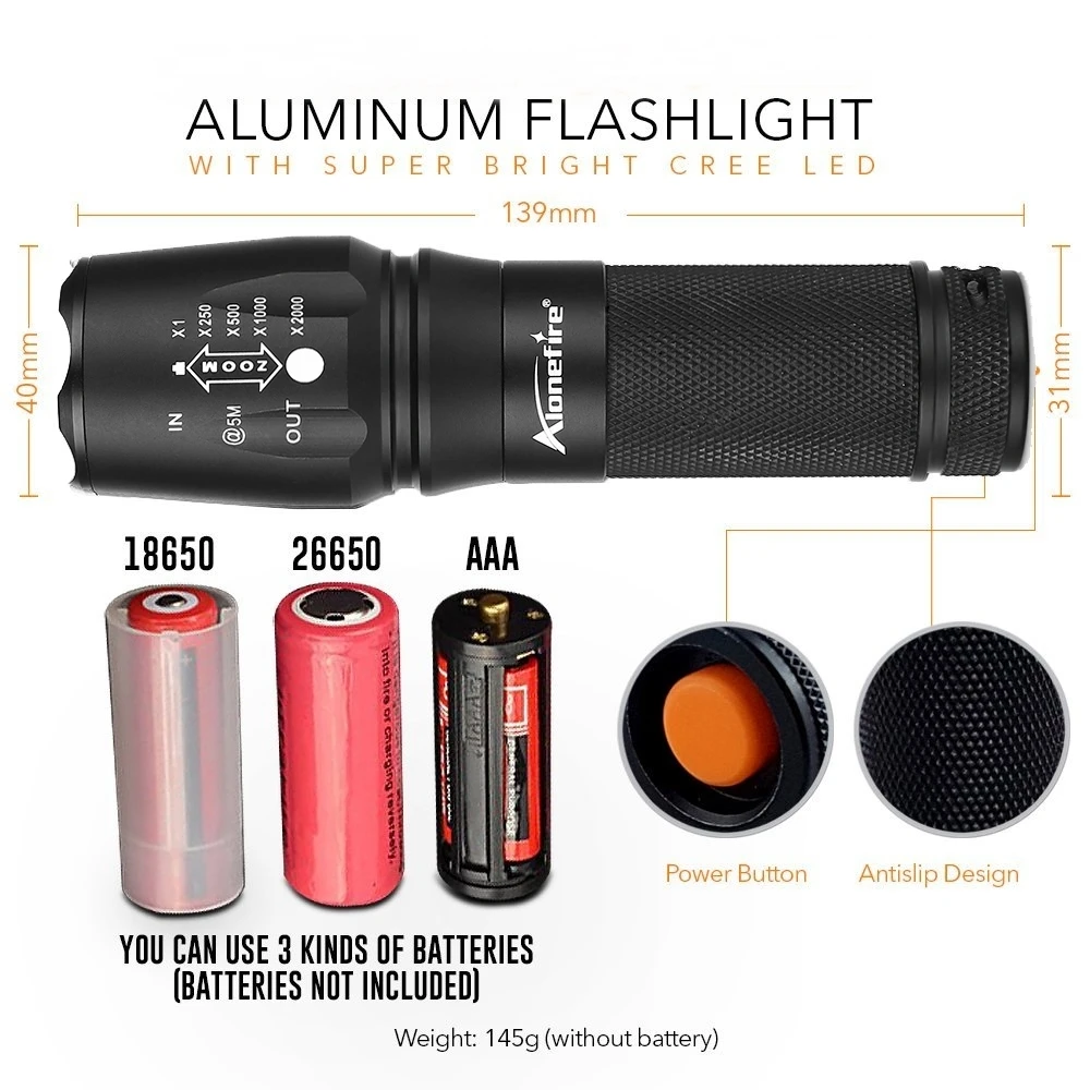 AloneFire X800 Тактический фонарь CREE XML T6 L2 v6 светодиодный зум прожектор походный