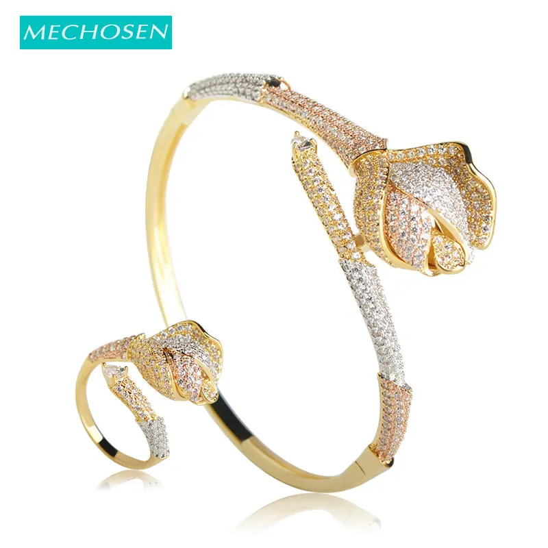 Женский комплект колец MECHOSEN набор из 3 тонов в форме розы с кубическим цирконием