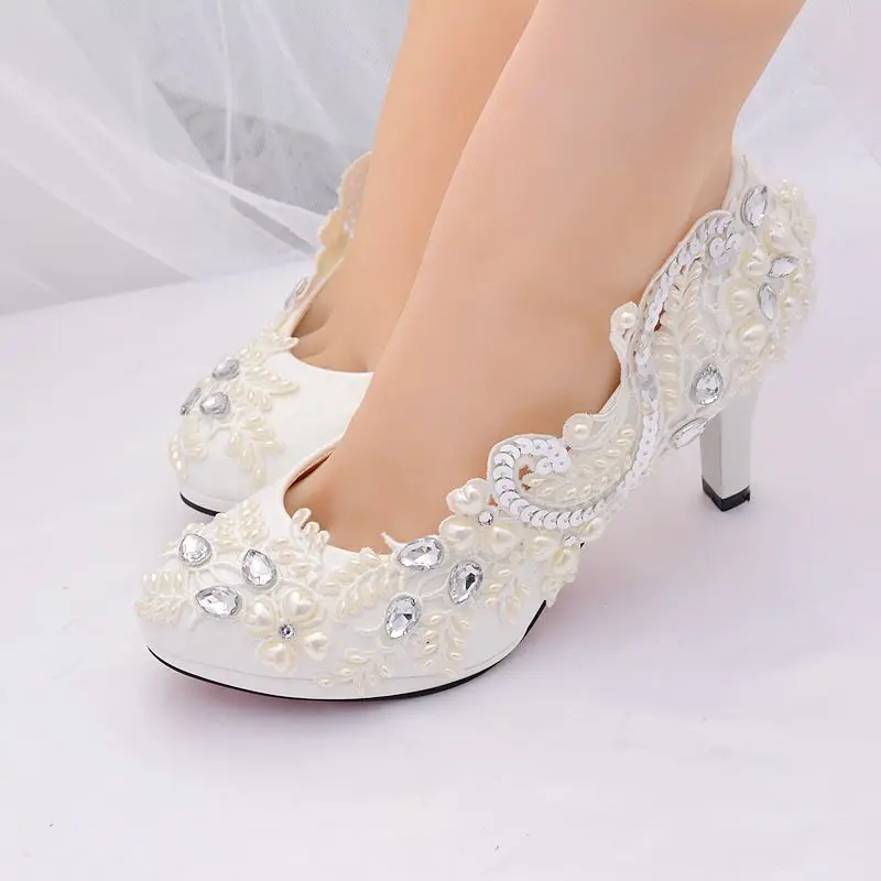 

8cm 3 inch heel lace bridal wedding shoes ivory plus size 41 42 high heel HS382 platforms slip on crystal ladies party pump