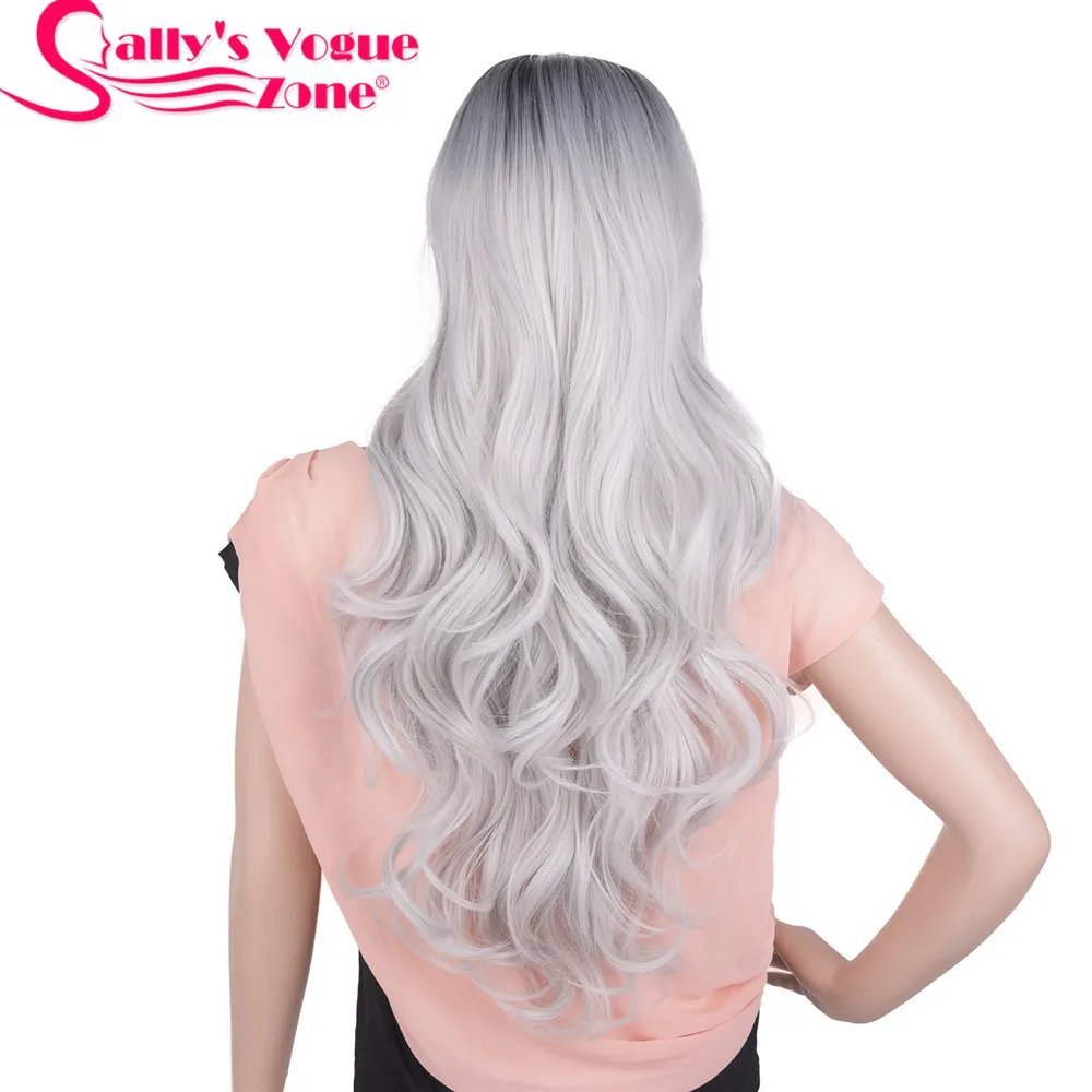 Серебристый серый Sallyhair Ombre черный серебристый серый цвет длинные прямые парики 24 дюймов термостойкие для женщин волосы синтетические парики - Цвет: Серебристый серый