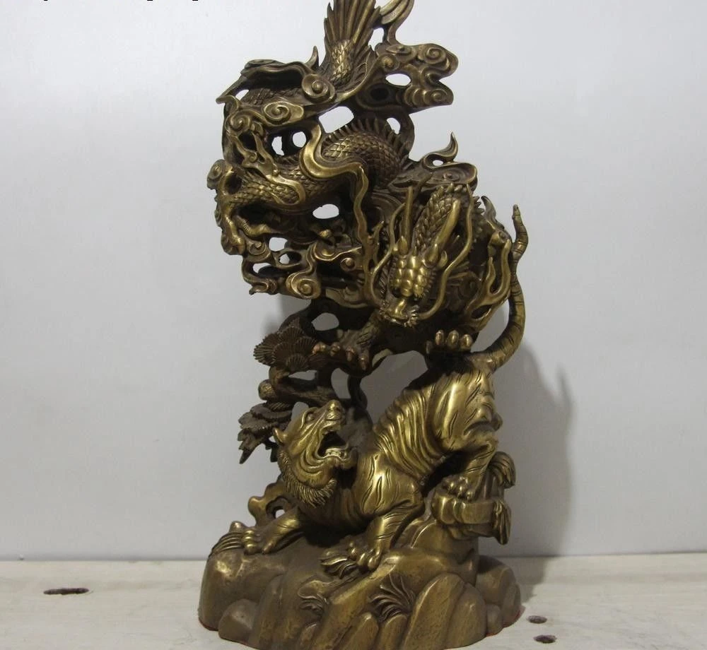 

15 Chinese Palace Royal Feng Shui Copper Brass Dragon Tiger Battle Combat Statue