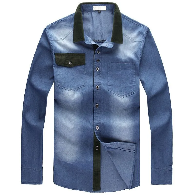 

Free shipping Plus size men denim shirt male spring long-sleeve cotton Turn-down Collar extra large casual shirts Patchwork