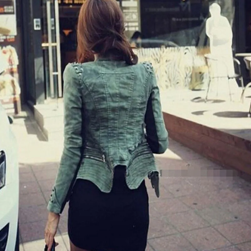 Slim Fit джинсовая куртка с заклепками с поднятыми плечами колодки байкерские Короткие джинсы куртка Двойной отворот на молнии открытые Асимметричное пальто 3 цвета