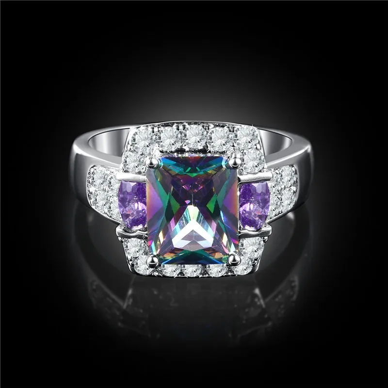 Silver Color Filled Jewelry Rainbow Square Baguette CZ Engagement Ring for Women Colorful Cubic Zirconia Eternity Band | Украшения и