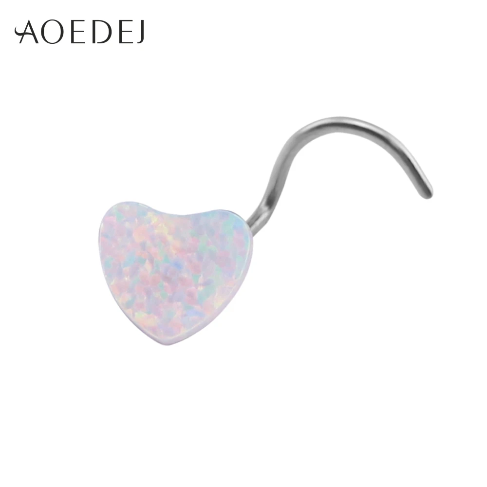 White Heart AOEDEJ 3 цвета сердце нос шпилька для пирсинга, из нержавеющей стали синий природный камень опал кольца и штанги в нос украшение для пирсинга носа - Окраска металла: White Heart