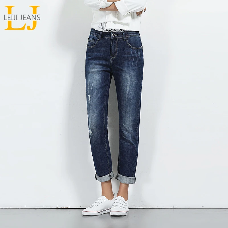 Женские прямые джинсы стрейч LEIJIJEANS, рваные синие повседневные джинсы полной длины, со средней посадкой, с эффектом потертости "усы", большие размеры, весна