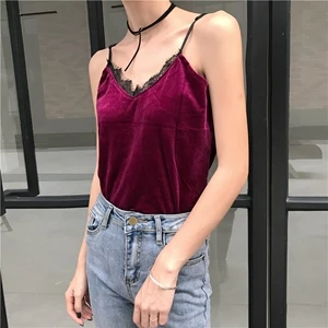 wine red tank top Бархатный винтажный женский топ на бретелях, кружевная Лоскутная летняя майка без рукавов, однотонная свободная футболка без рукавов, женская одежда - Цвет: wine red tank top
