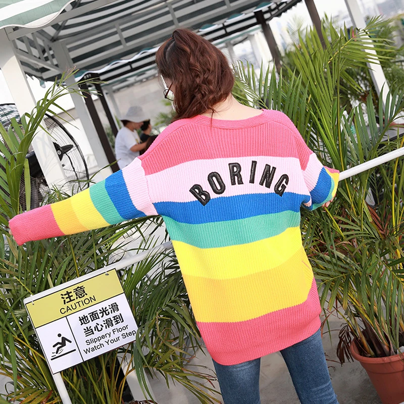2018 Women New vintage warm sweaters Rainbow Striped pullovers winter Spring knitted retro loose tops blusas | Женская одежда