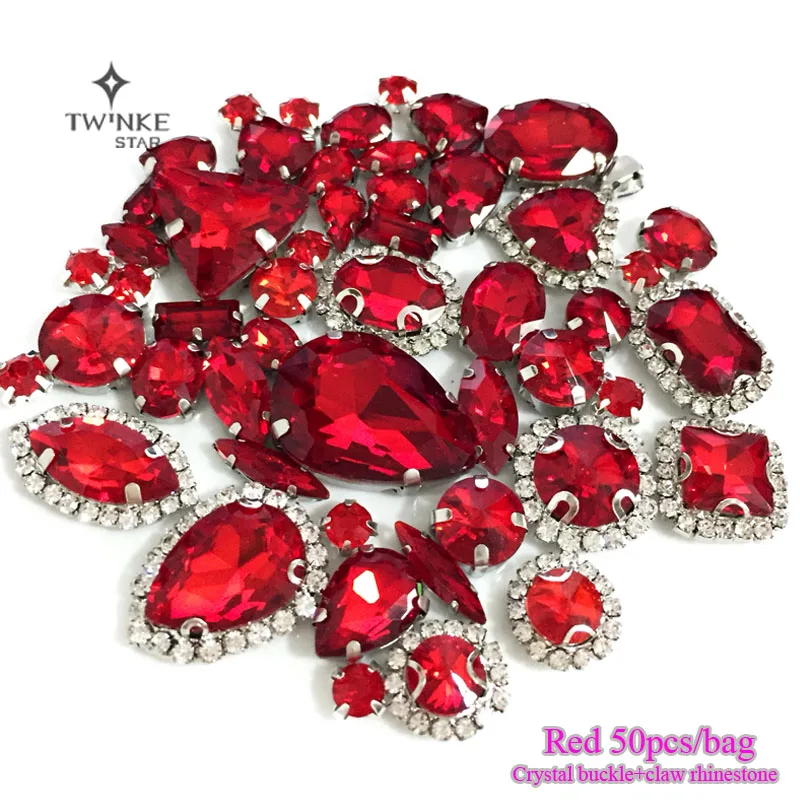 Red color Mix shape mix size Crystal buckle+claw rhinestone Silver base galss sew on stones diy/Clothing accessories 50pcs/pack | Дом и сад